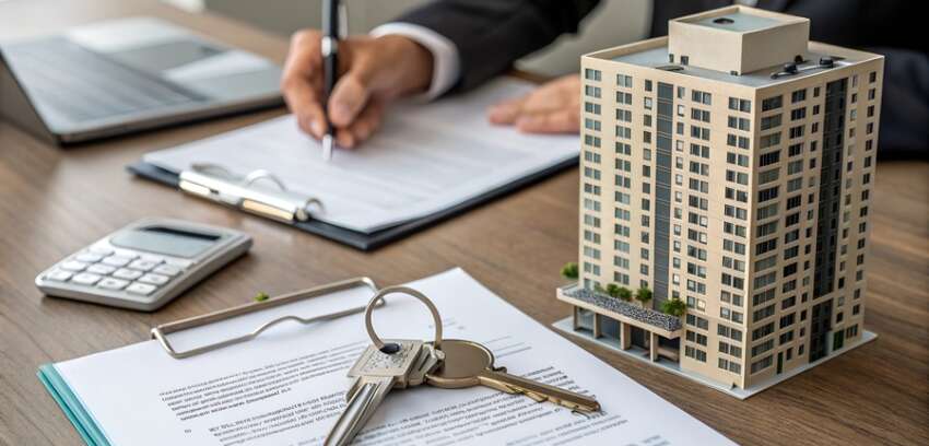 A businessman signing real estate commercial insurance documents with a miniature apartment building and house keys on the desk