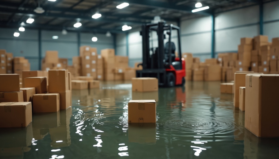 Cardboard boxes float in flooded warehouse with forklift working