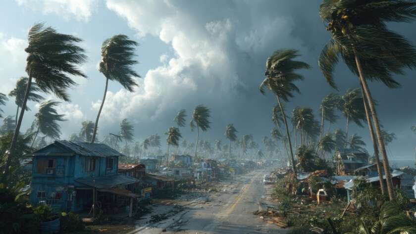 Strong wind disaster in hurricane causing destruction