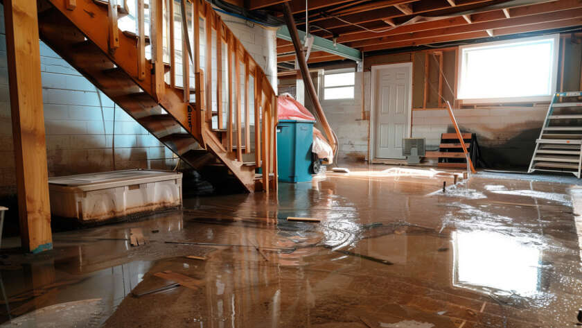 Flooded basement with standing water