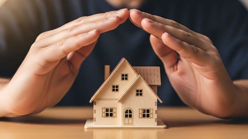 Protective hands covering a miniature house model, symbolizing home insurance, property security